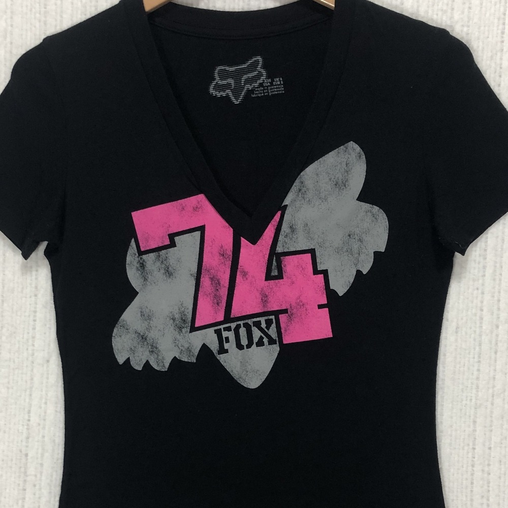 Vintage Fox Racing Womens Small Pink 74 Logo Graphic V Neck T Shirt Moto Y2K